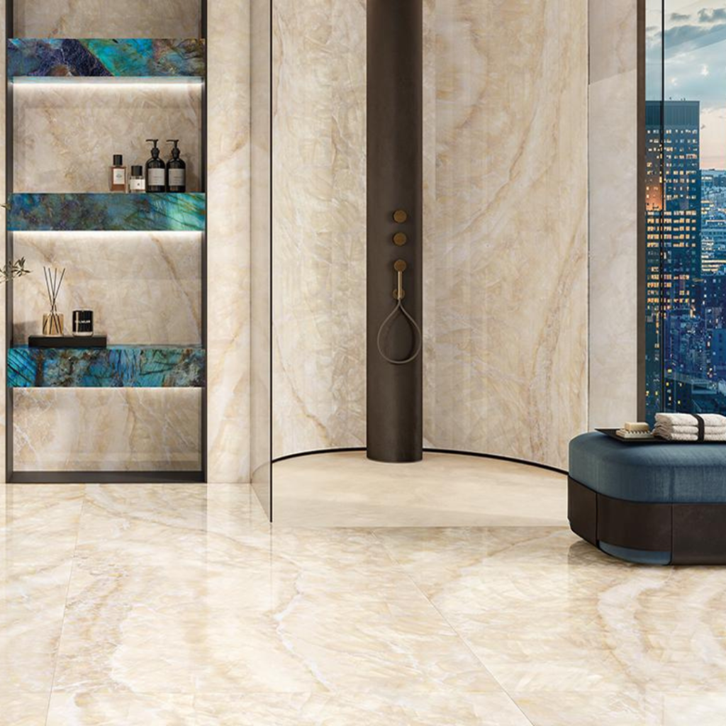 Elysia Opal Mist Marble Effect Wall & Floor Tile - tile detail view, Newlook Dublin