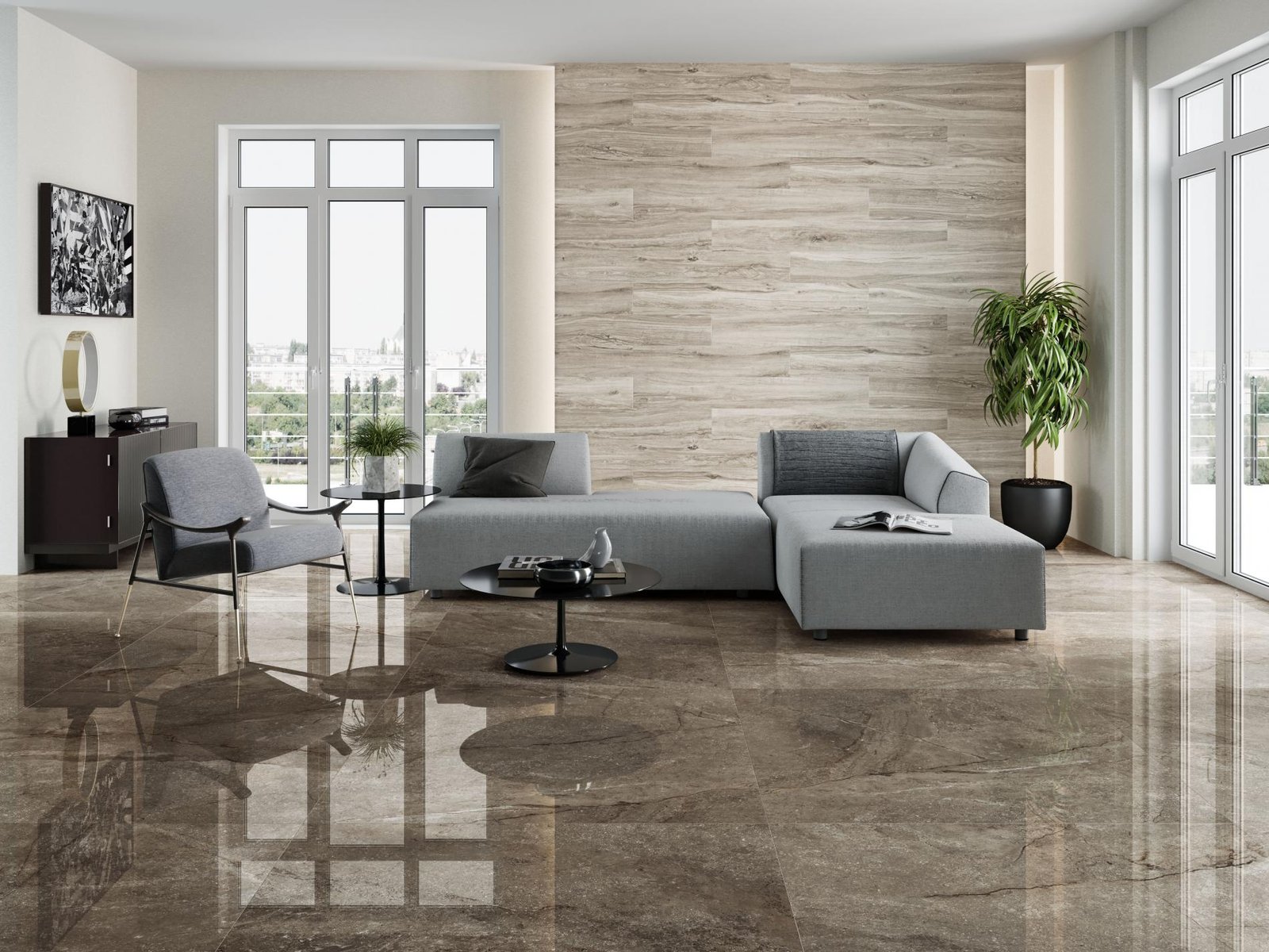 Revere Brown wood effect tile for warm bathroom wall and floor design