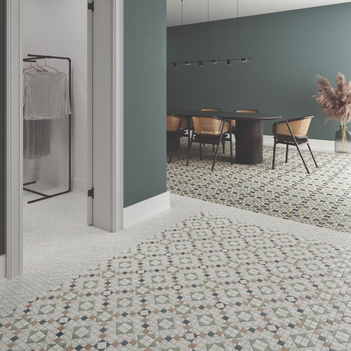 Belgravia Marina mosaic patterned tile that follows the floor falls to a wet room drain