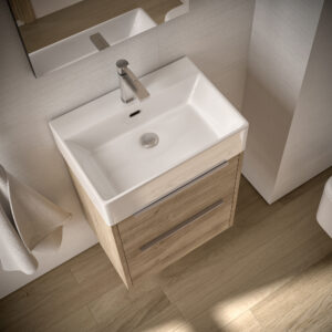 Overhead view of a light oak wall hung vanity with white ceramic basin and chrome tap