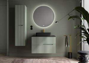 Sage green fluted wall hung vanity unit with black countertop basin and round backlit mirror