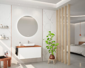 White wall hung vanity unit with wood worktop and round backlit mirror