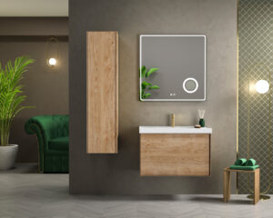 Oak wall hung vanity unit with tall matching cabinet and LED mirror
