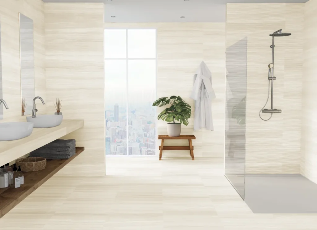 Beige marble-effect tiles on walls and floor of a modern open bathroom with walk-in shower