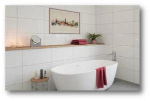 White gloss wall tiles in a bright bathroom with freestanding bath