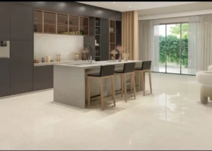 Polished ivory gloss floor tiles reflecting light in a modern kitchen with bar stools