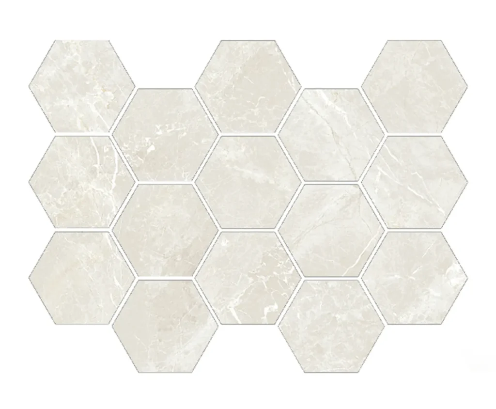 Large hexagonal cream marble-look gloss tiles in honeycomb arrangement