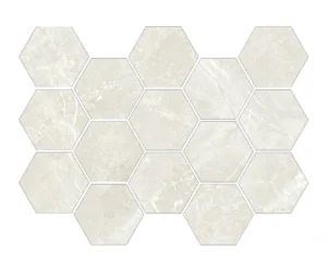 Large hexagonal cream marble-look gloss tiles in honeycomb arrangement
