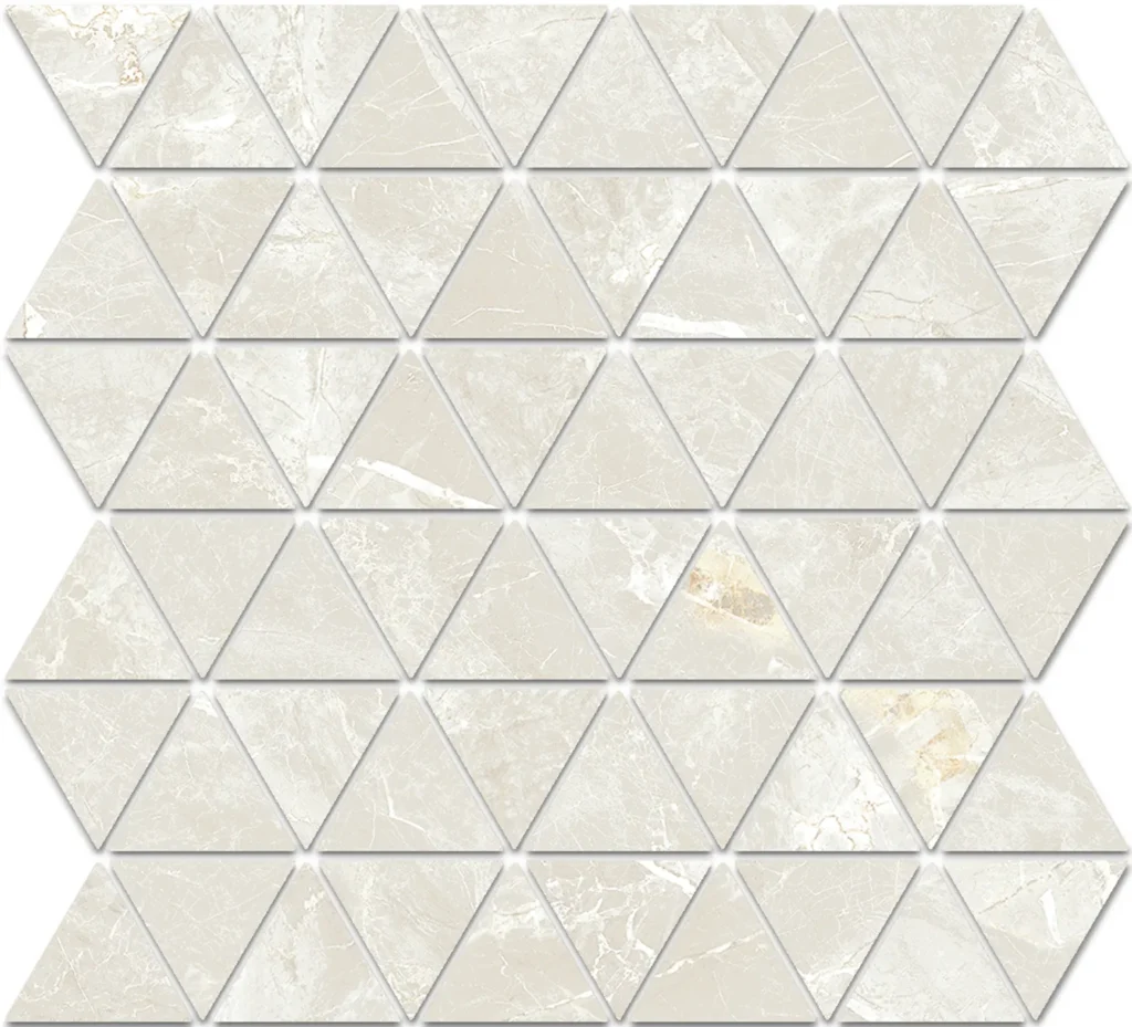 Cream marble-effect triangular mosaic tiles in a repeating geometric pattern