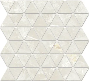 Glossy cream marble-effect mosaic sheet featuring small triangle-cut pieces