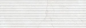 Wide white ceramic décor tile with raised horizontal ridges and marble veining