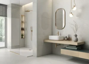 White ribbed ceramic wall tiles in a bright modern bathroom with gold fittings