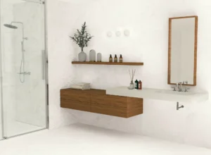 Minimal white bathroom with marble-effect wall tiles, timber vanity and open shelving