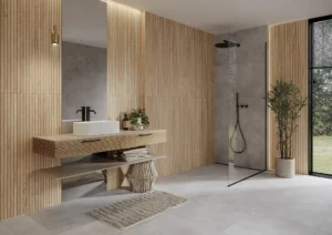 Modern bathroom with light beige wood-effect ribbed wall tiles and walk-in shower