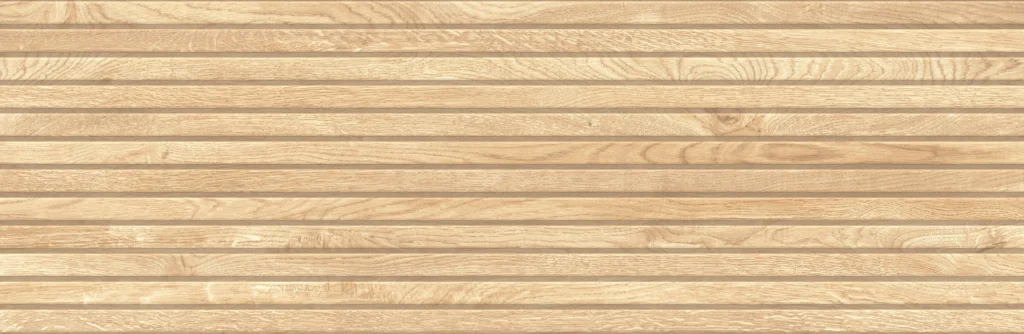 Horizontal ribbed wood-effect ceramic tile in warm light beige with grain detail