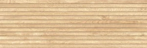 Horizontal ribbed wood-effect ceramic tile in warm light beige with grain detail