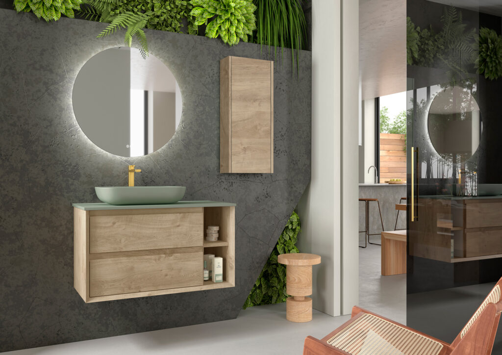 Oak wall hung vanity with sage green vessel basin and round backlit mirror