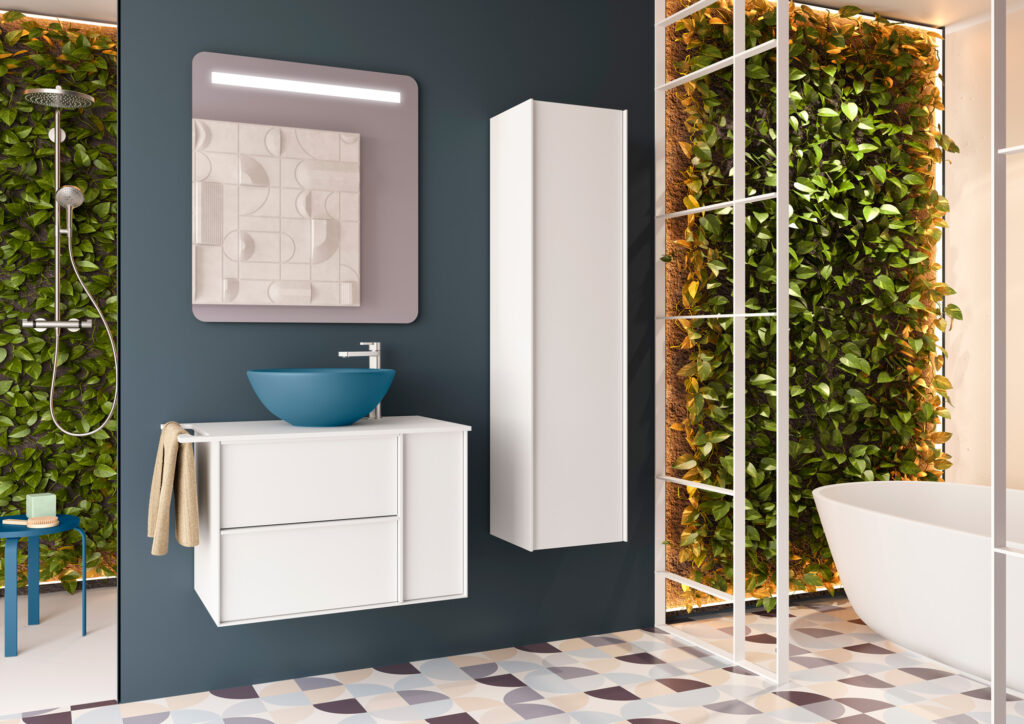 Matt white wall hung vanity with blue countertop bowl basin against a teal wall with living plant backdrop