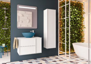 Matt white wall hung vanity with blue countertop bowl basin against a teal wall with living plant backdrop
