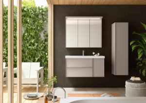 Taupe matt vanity unit with mirrored cabinet and tall side column against a dark textured wall