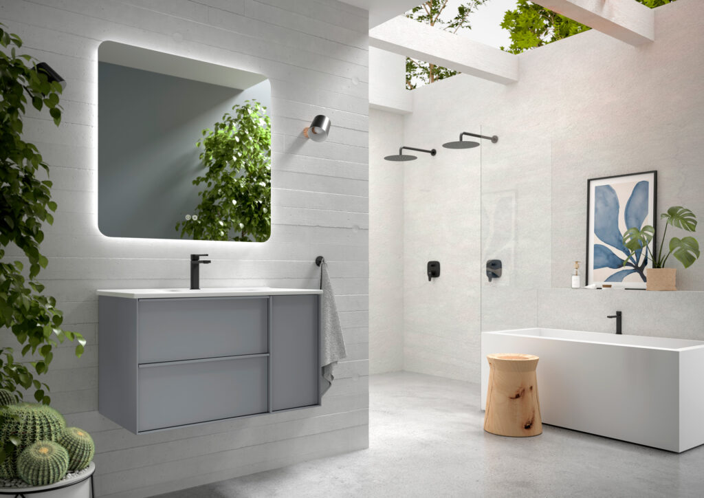 Grey matt two-drawer wall hung vanity with white basin and backlit mirror in a bright open bathroom