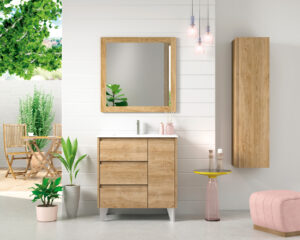 Natural oak freestanding vanity unit with drawers and side door, wooden framed mirror