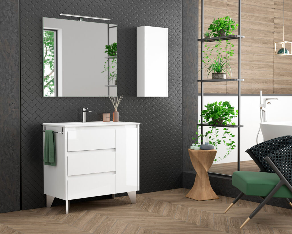 Gloss white floor-standing vanity unit with drawers, mirror and side cabinet against dark textured wall