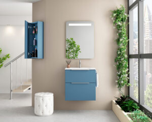 Blue wall hung vanity unit with two drawers, LED mirror and open wall cabinet