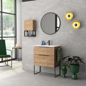 Oak finish floor-standing vanity unit with black metal legs, round mirror and wall cabinet