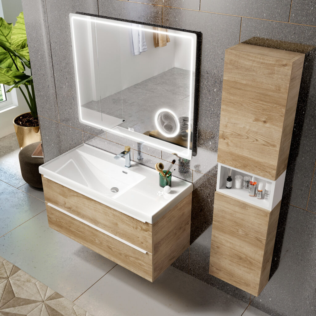 Natural oak 1000mm vanity unit with white basin and tall side cabinet