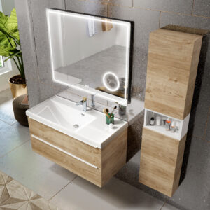 Natural oak 1000mm vanity unit with white basin and tall side cabinet