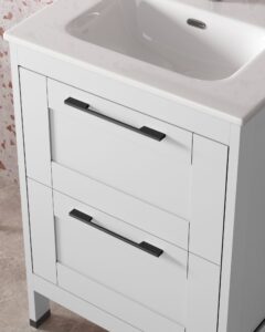 Close-up of white vanity drawers with matte black bar handles and white basin