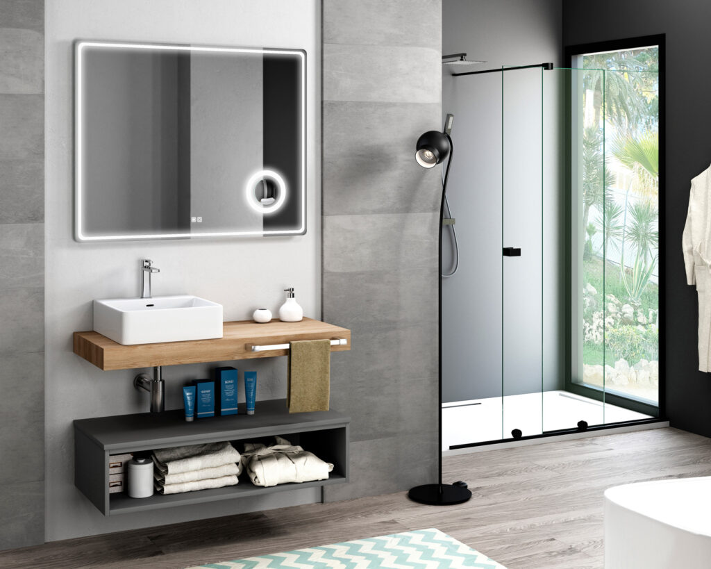 White countertop basin on oak shelf above open grey unit with backlit square LED mirror