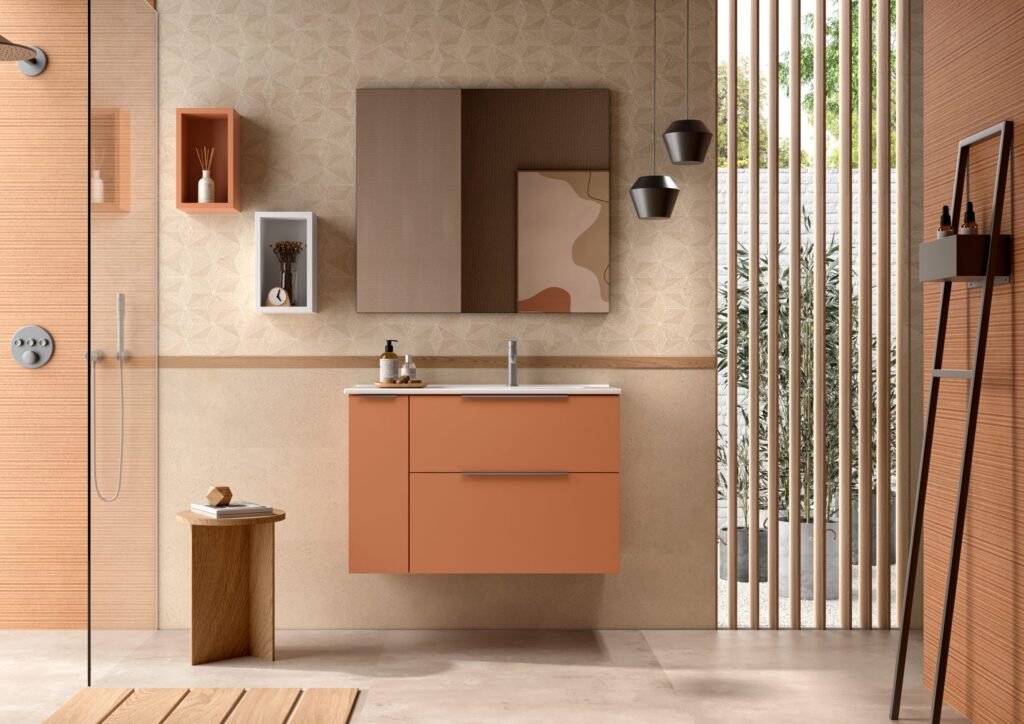 Terracotta-toned wall hung vanity unit with white basin in a warm neutral bathroom