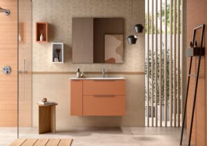 Terracotta-toned wall hung vanity unit with white basin in a warm neutral bathroom