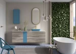 Wood-effect wall hung vanity with blue bowl basin, tall cabinet and freestanding bath