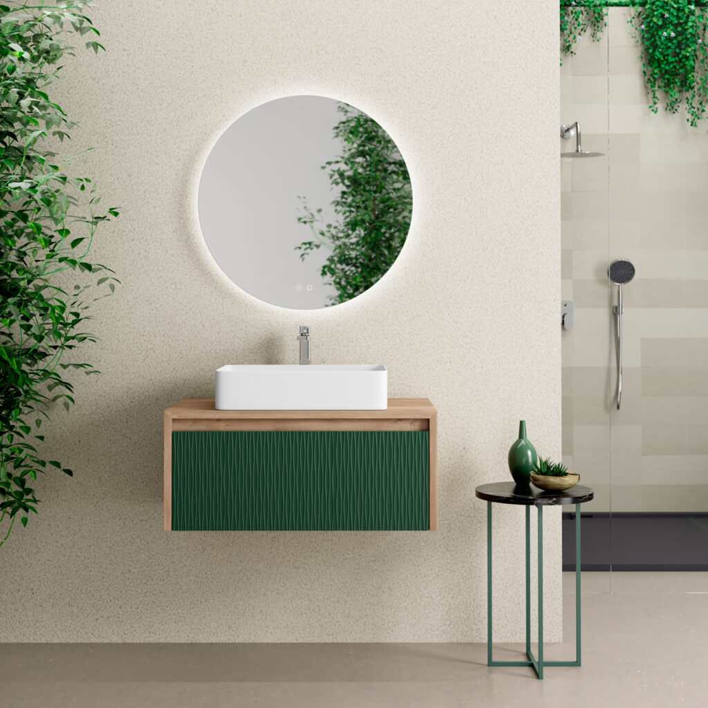 Forest green ribbed 800mm vanity unit with white countertop basin and round backlit mirror