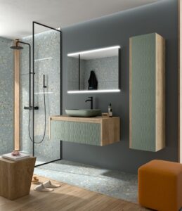Sage green ribbed 1000mm wall hung vanity with oak surround and matching tall cabinet
