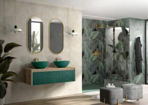 Teal ribbed double vanity unit with twin green basins and oval gold mirrors