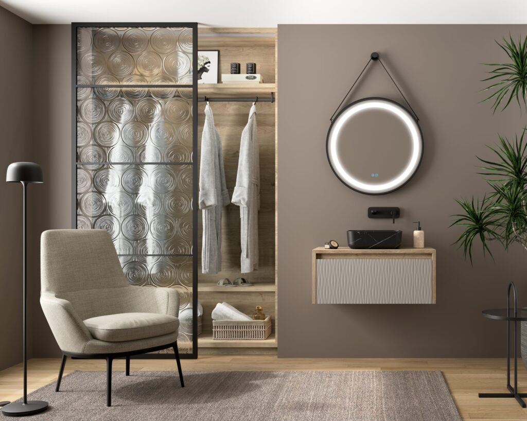 White ribbed 800mm vanity unit with black marble vessel basin and leather-strap round mirror