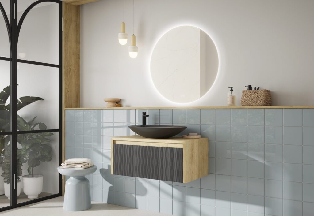 800mm wall hung vanity with charcoal ribbed drawer, black vessel basin and round illuminated mirror