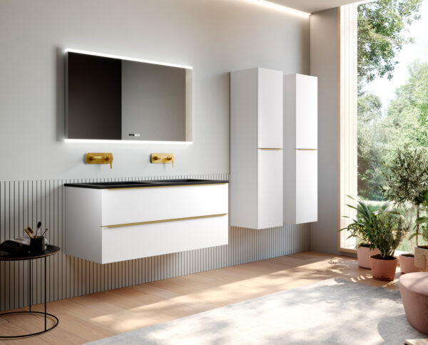 Gloss white wall hung vanity with black worktop and gold bar handles