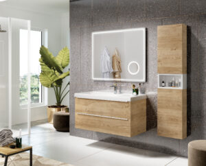 Natural oak wall hung vanity unit with white basin, LED mirror and tall side cabinet