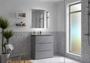 Dark grey ribbed 800mm vanity unit with black basin beneath a square LED mirror in a terrazzo bathroom