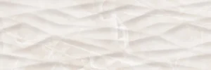 Ivory décor wall tile with raised diagonal wave texture in warm white tones