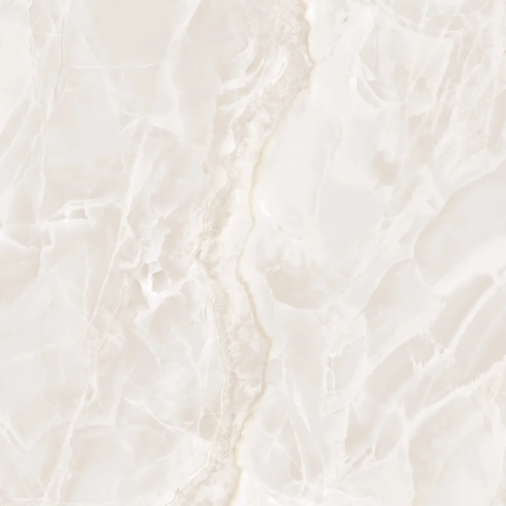 Close-up of cream porcelain tile with delicate translucent onyx veining throughout