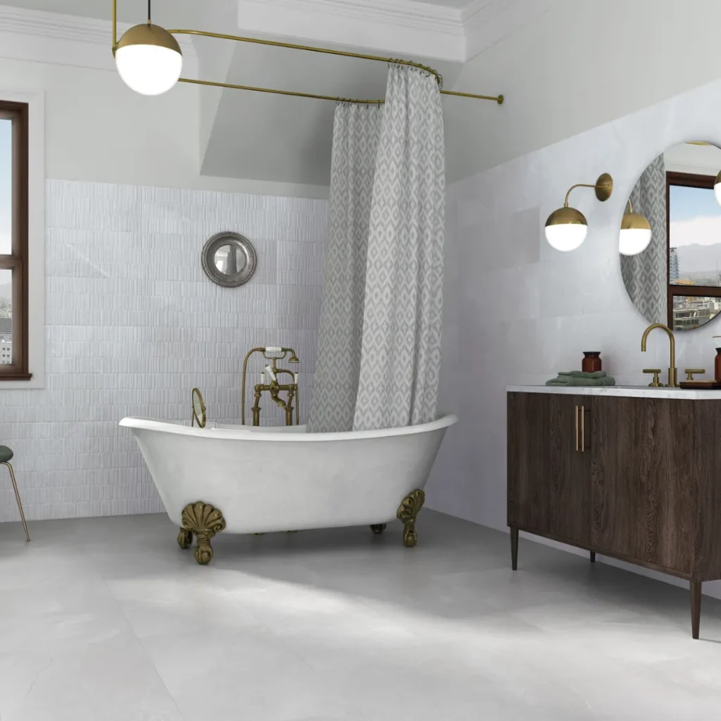 Classic bathroom with clawfoot bath, ribbed white wall tiles and marble-effect floor