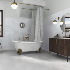 Classic bathroom with clawfoot bath, ribbed white wall tiles and marble-effect floor