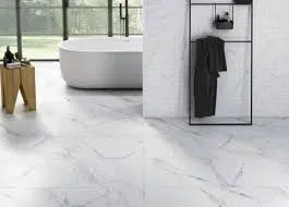 White gloss marble-look floor tiles in a bright contemporary bathroom