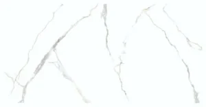 Two white polished porcelain tiles showing gold and grey marble-effect veining